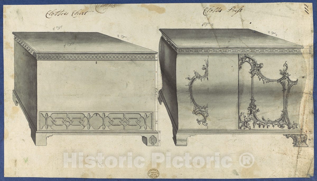 Art Print : Thomas Chippendale - Clothes Chest and Clothes Press, from Chippendale Drawings, Vol. II 1 : Vintage Wall Art