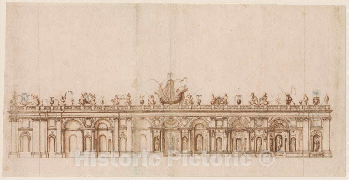 Art Print : Giovanni Guerra - Design After a Fountain in The Villa Aldobrandini at Frascati. : Vintage Wall Art