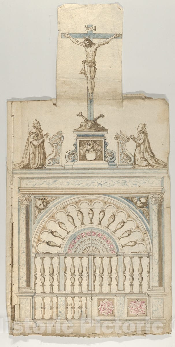 Art Print : Flemish - Design for a Choir Screen with Donor Statues flanking a Crucifix : Vintage Wall Art