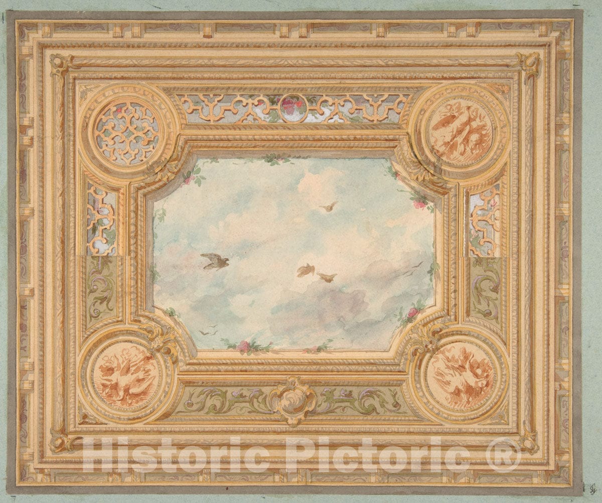 Art Print : Jules-Edmond-Charles Lachaise - Design for a Ceiling with Four Medallions and Sky Motif in Center : Vintage Wall Art