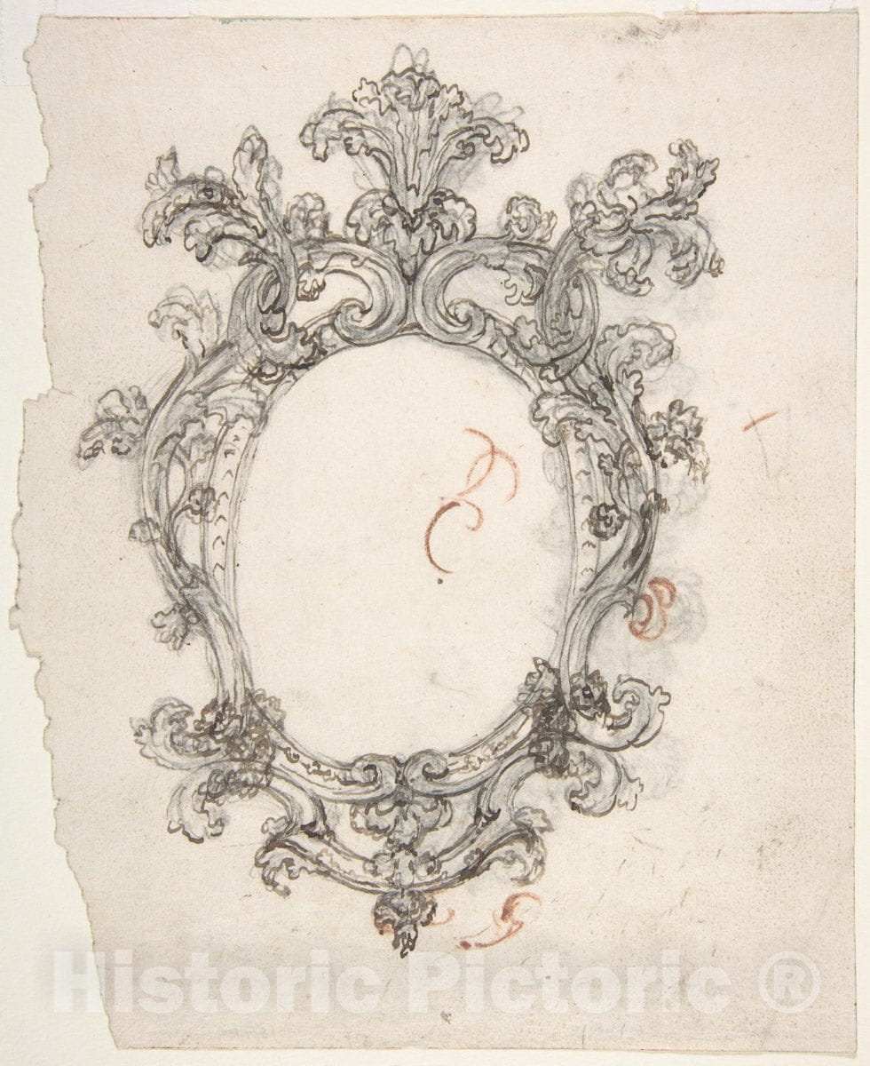 Art Print : Giovanni Battista Foggini - Design for a Decorative Oval Frame (Recto). Half Sketch for a Decorative Oval Frame (Verso). : Vintage Wall Art