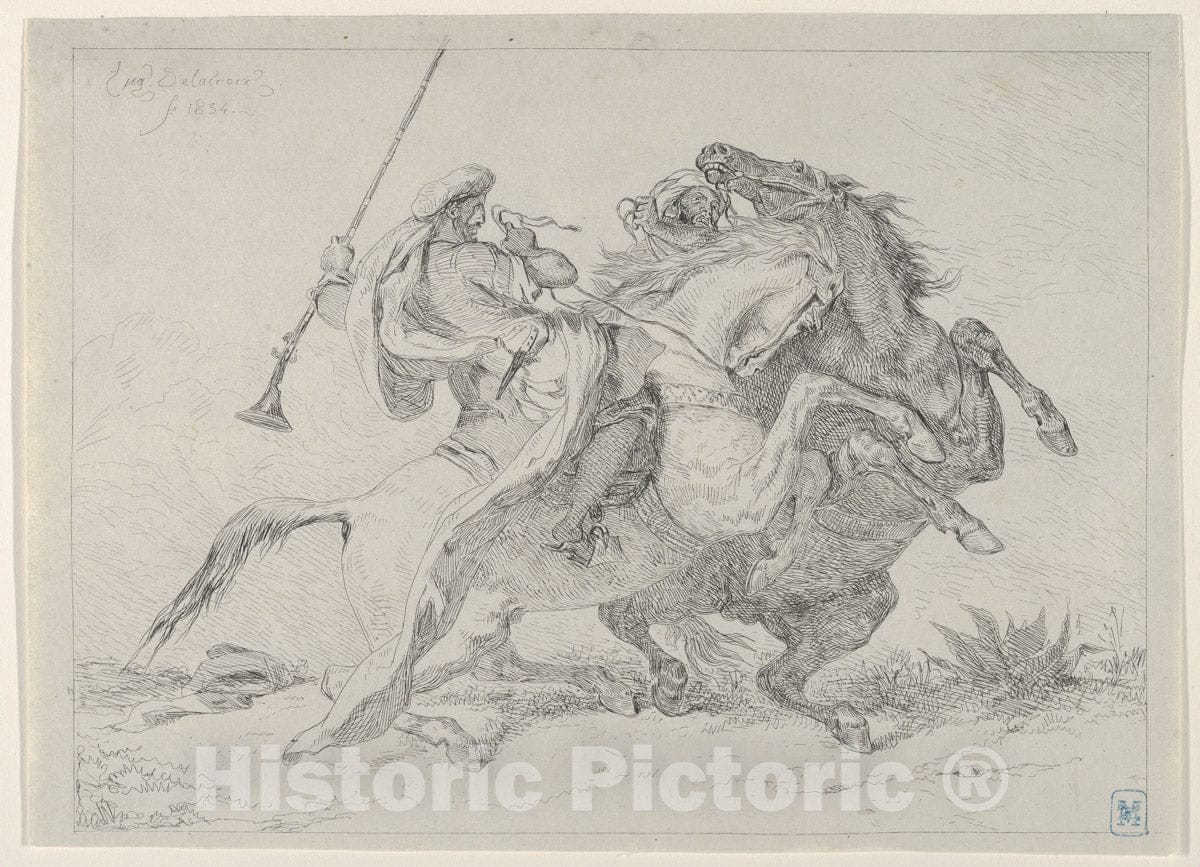 Art Print : Eugène Delacroix - Collision of Moorish Horsemen : Vintage Wall Art