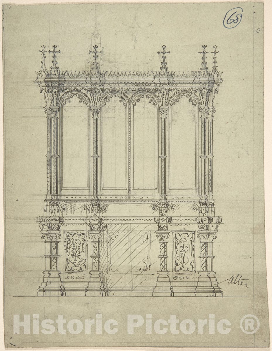 Art Print : Charles Hindley and Sons - Design for a Gothic Cabinet : Vintage Wall Art