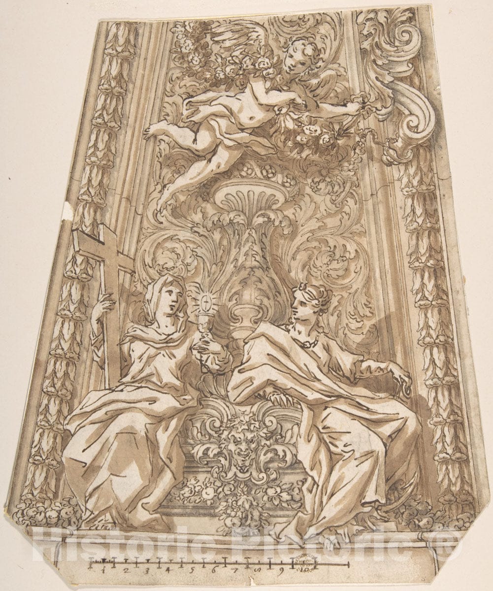 Art Print : Italian, Roman-Bolognese, 17th Century - Design for a Dome Compartment with Figures of Faith and Hope : Vintage Wall Art