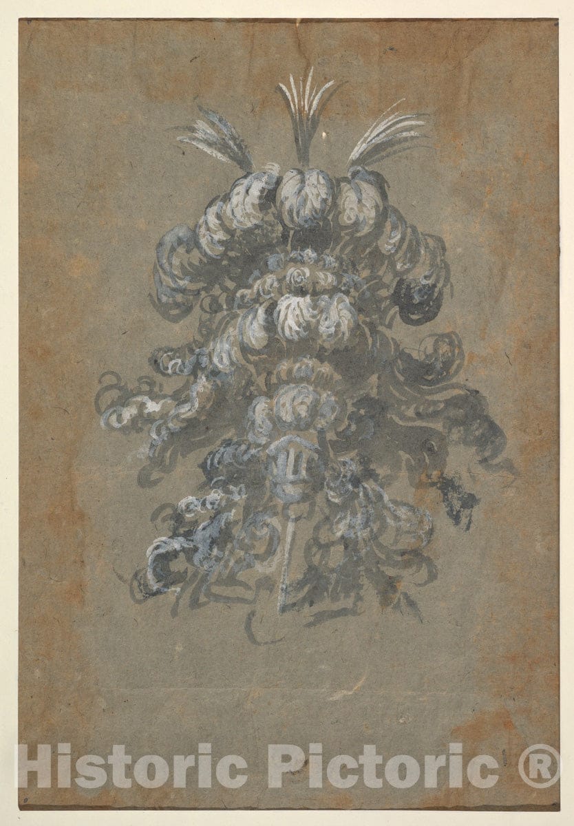 Art Print : Possibly by Baccio del Bianco - Design for a Lavish Headdress with Feathers on a Helmet (Frontal View) : Vintage Wall Art