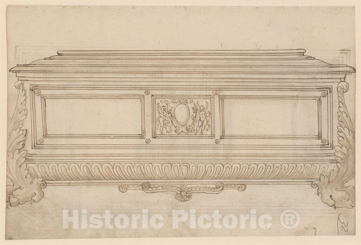 Art Print : Italian, 17th Century - Design for a Cassone. Verso, Design for a Cabinet Door or Cassone Lid : Vintage Wall Art