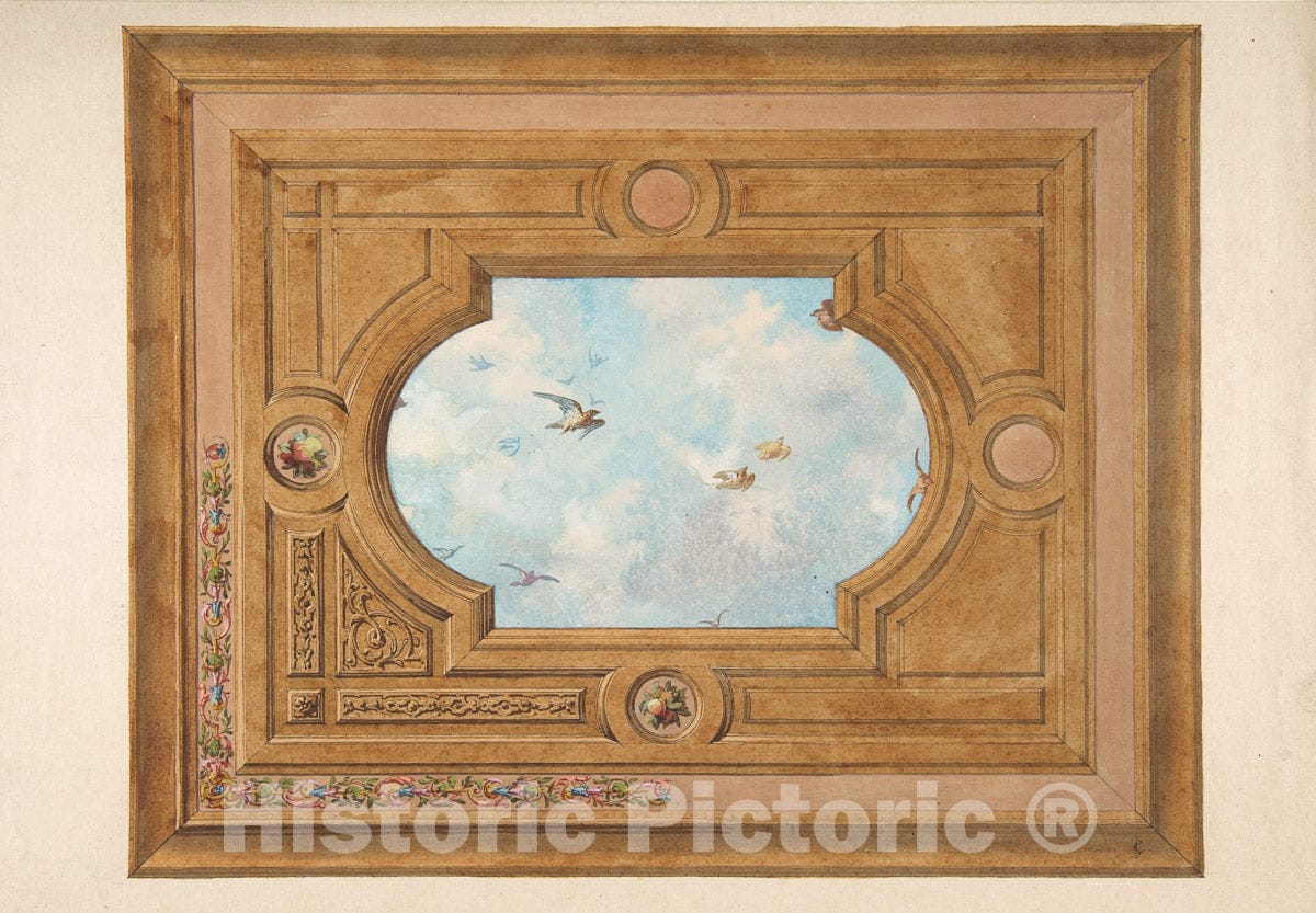 Art Print : Jules-Edmond-Charles Lachaise - Design for a Ceiling with a Trompe L'Oeil Sky Filled with Birds : Vintage Wall Art