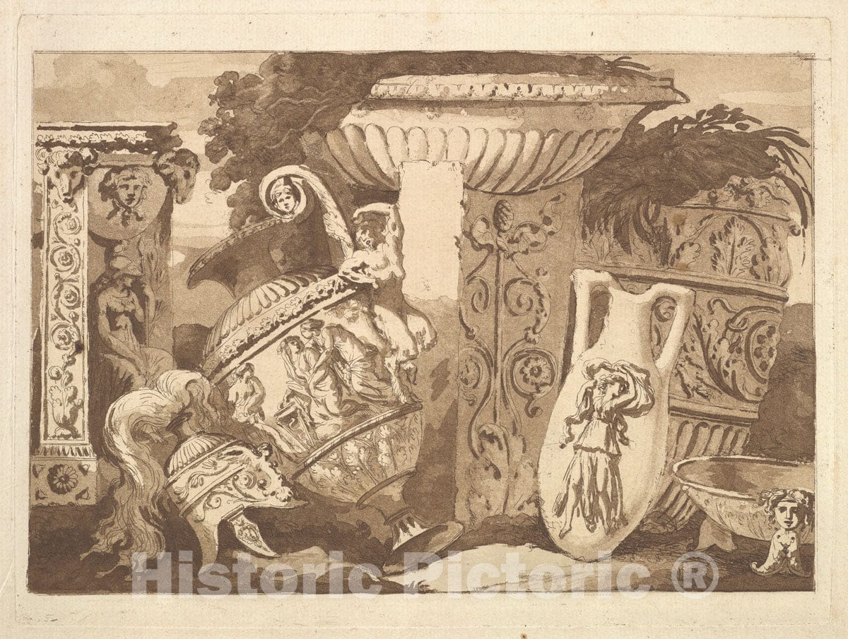 Art Print : Ornament Composition with The Antique Fragments and a Leaning Vase - Artist: Jean Jacques Lagrenee - Created: 1782–84 : Vintage Wall Art