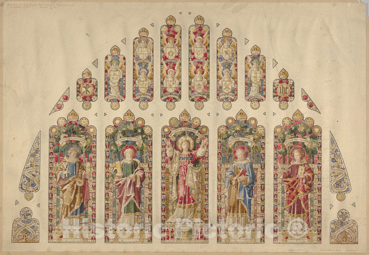 Art Print : Designed by Clayton and Bell - Design for a Multi-paned Stained-Glass Window, Church of The Divine Paternity, New York : Vintage Wall Art