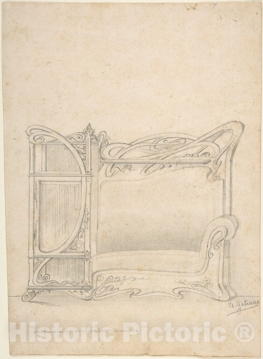Art Print : A. Galiano - Design for a Combination Bookcase and Sofa (?), Scale Lines at Bottom Left. : Vintage Wall Art