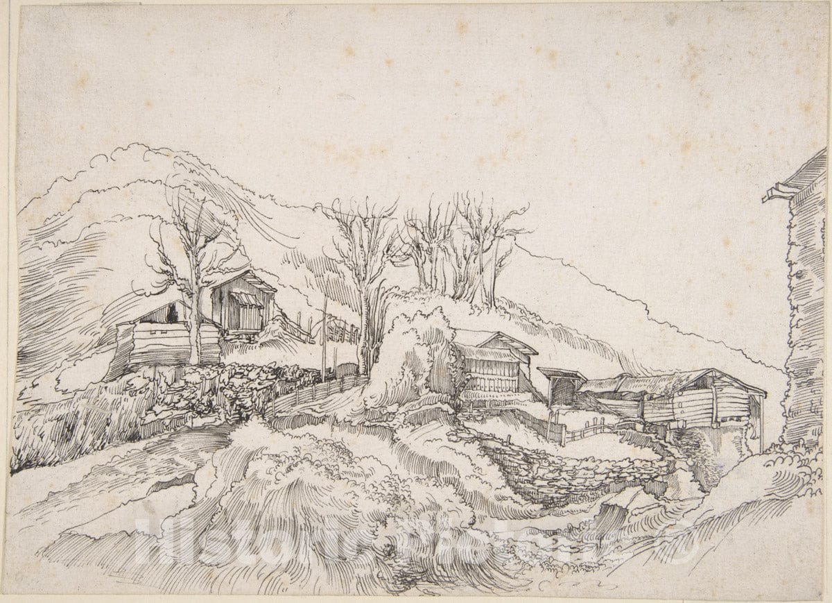 Art Print : Circle of Wolfgang Huber - Cottages in a Rocky Landscape : Vintage Wall Art