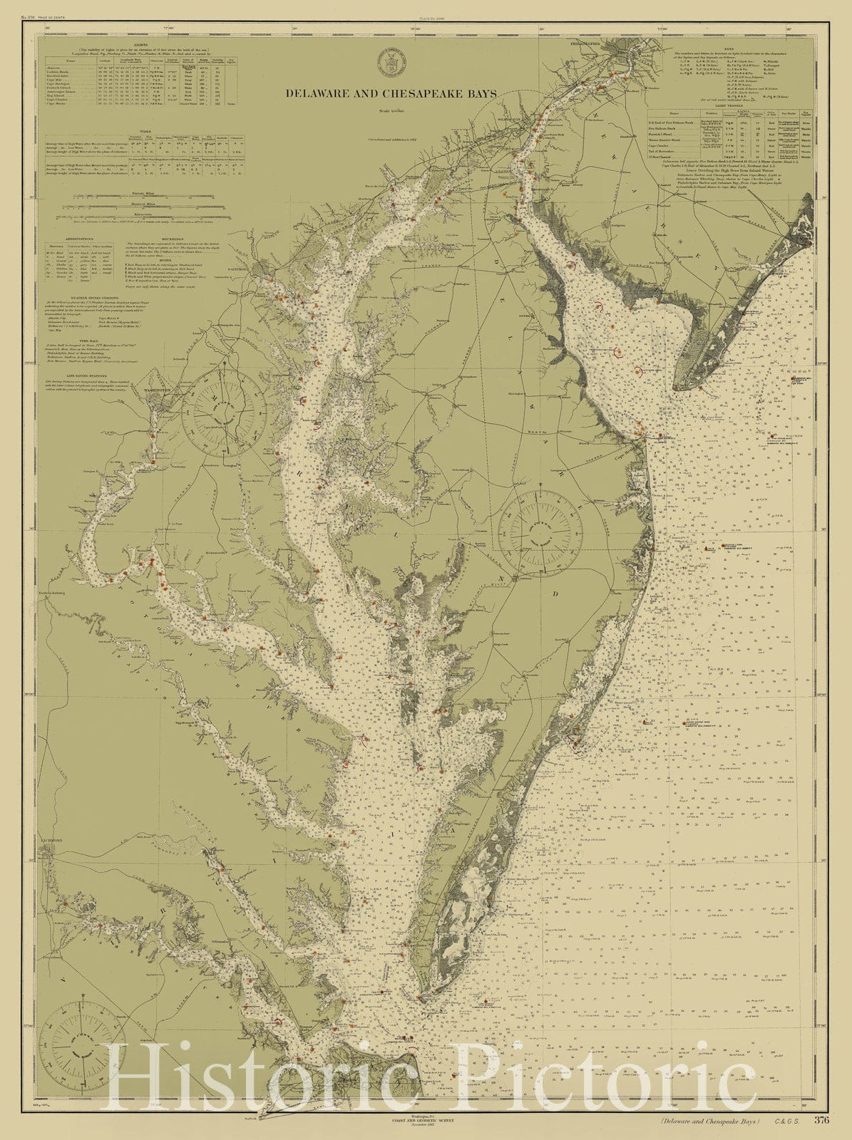 Historic Nautical Map - Delaware & Chesapeake Bay, 1912 NOAA Chart - Delaware, Virginia (DE, VA) - Vintage Wall Art