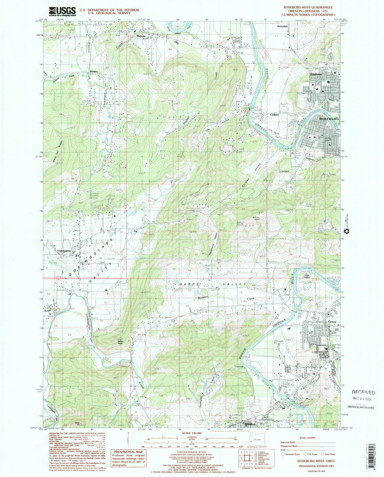 1987 Roseburg West, OR - Oregon - USGS Topographic Map