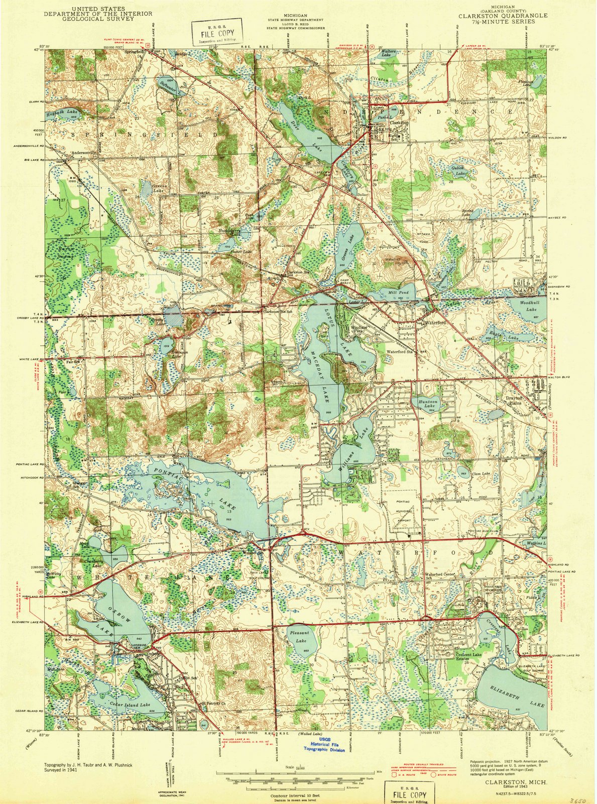 1943 Clarkston, MI - Michigan - USGS Topographic Map