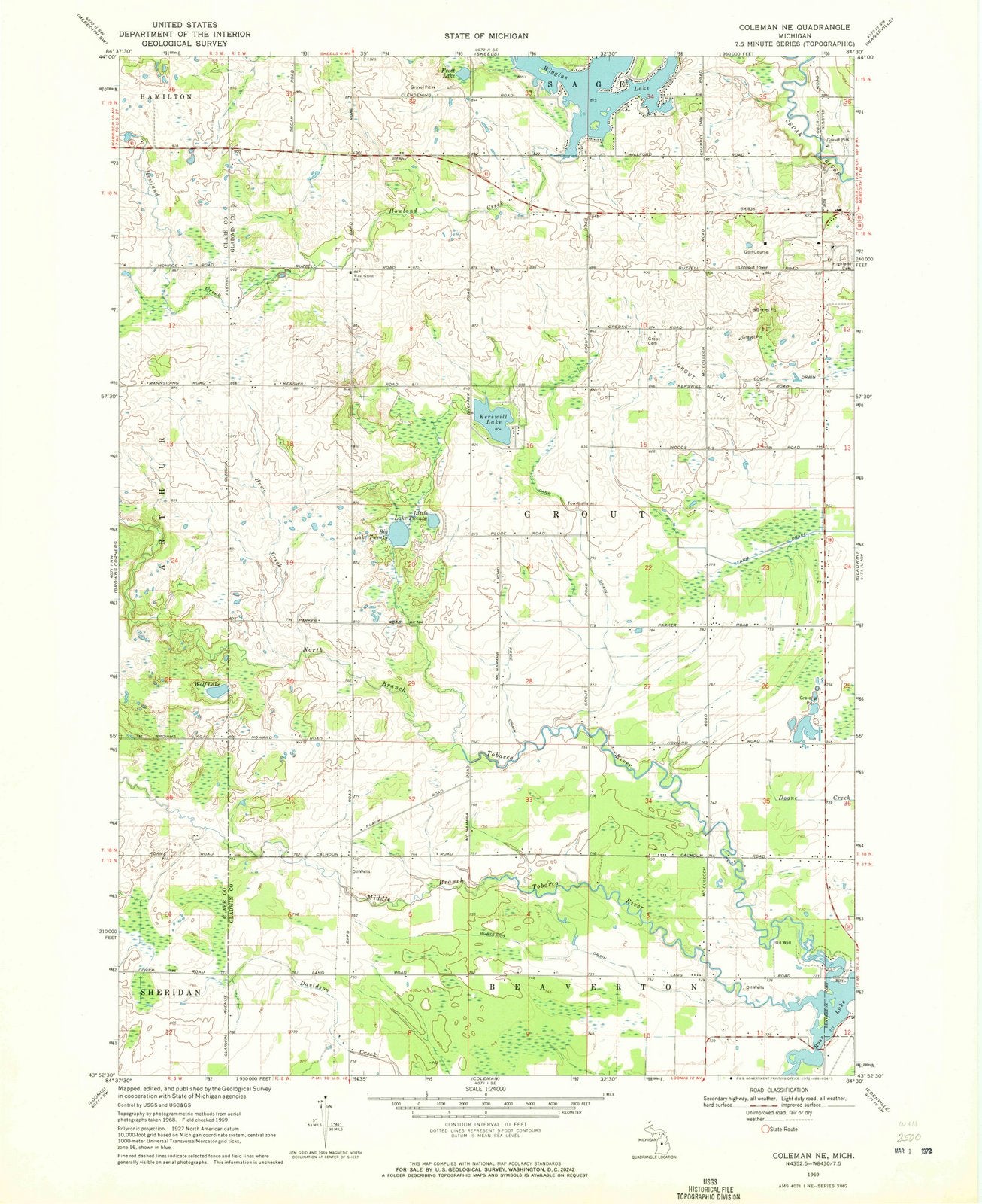 1969 Coleman, MI - Michigan - USGS Topographic Map