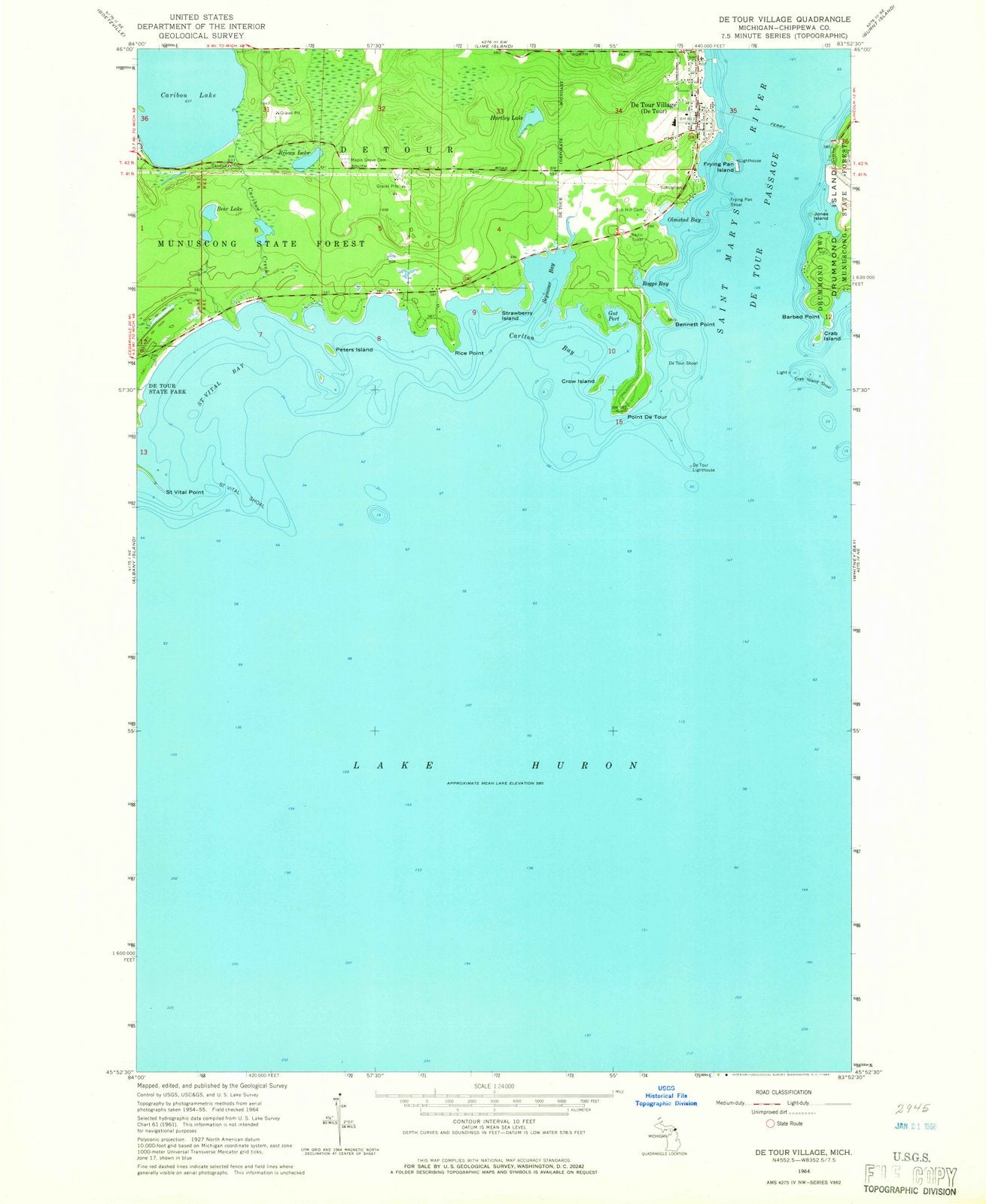 1964 De Tour Village, MI - Michigan - USGS Topographic Map
