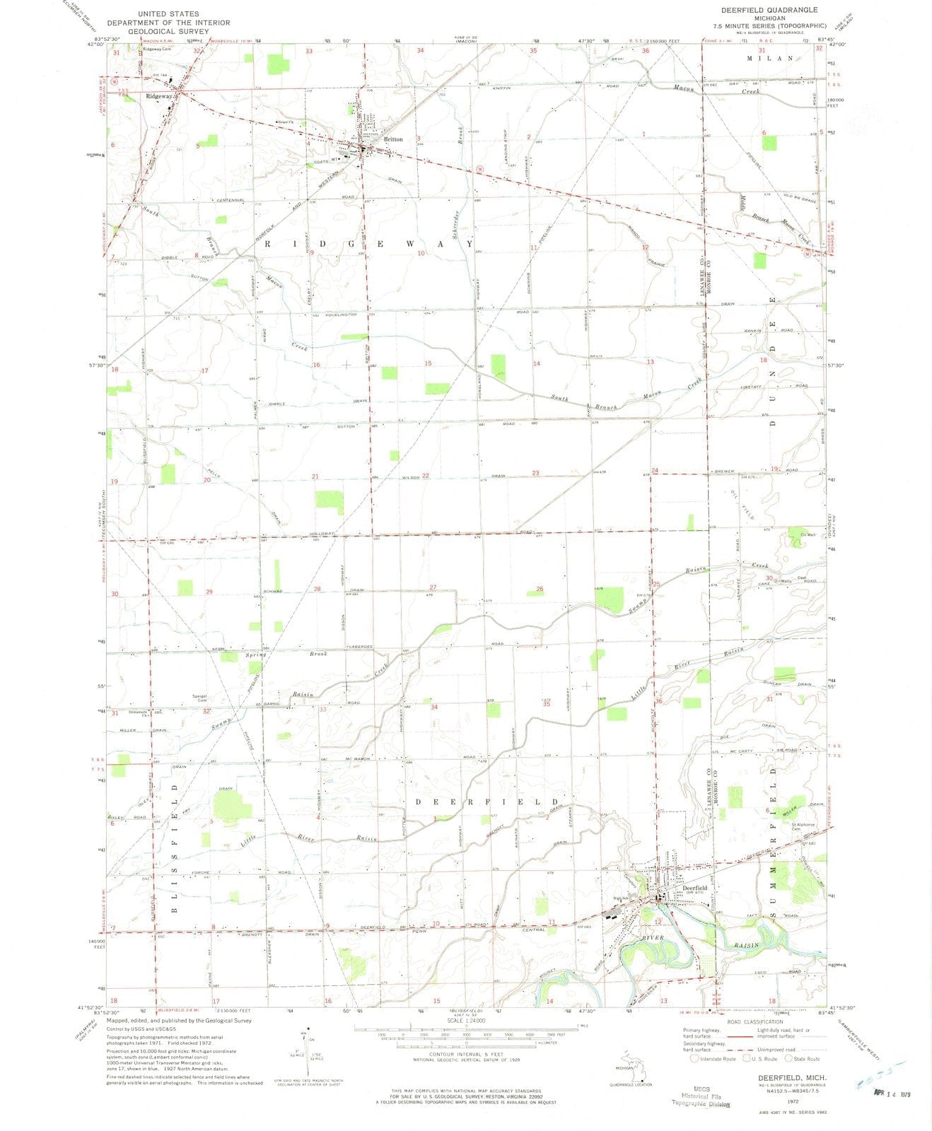 1972 Deerfield, MI - Michigan - USGS Topographic Map