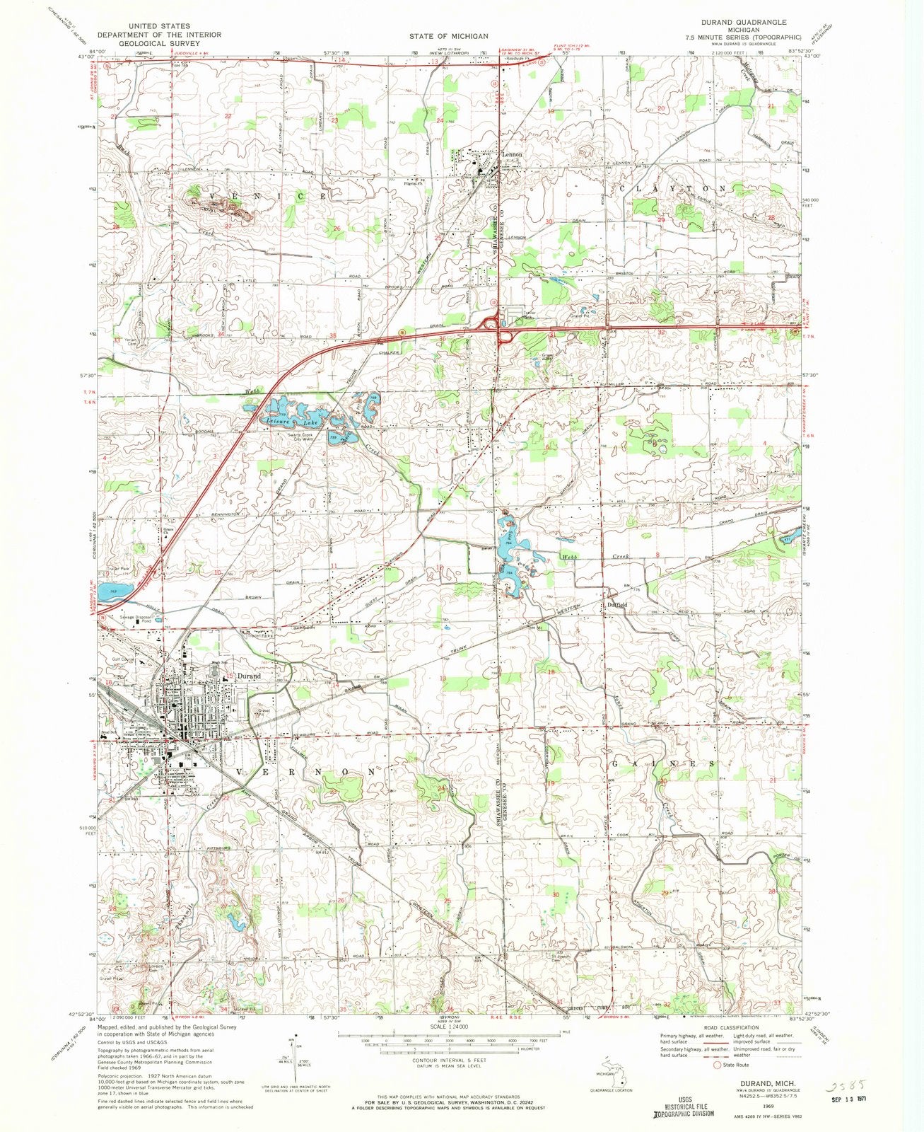 1969 Durand, MI - Michigan - USGS Topographic Map