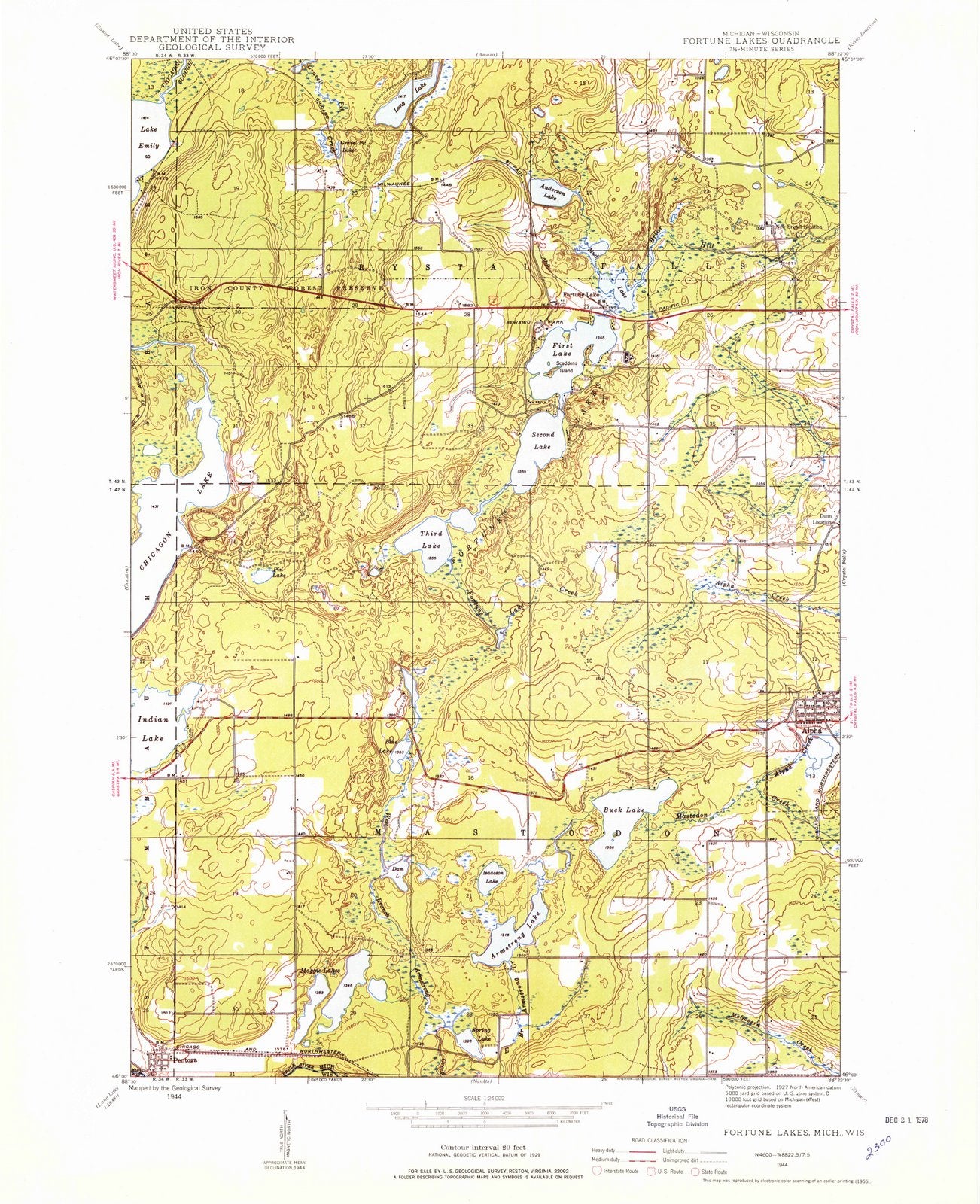 1944 Fortune Lakes, MI - Michigan - USGS Topographic Map