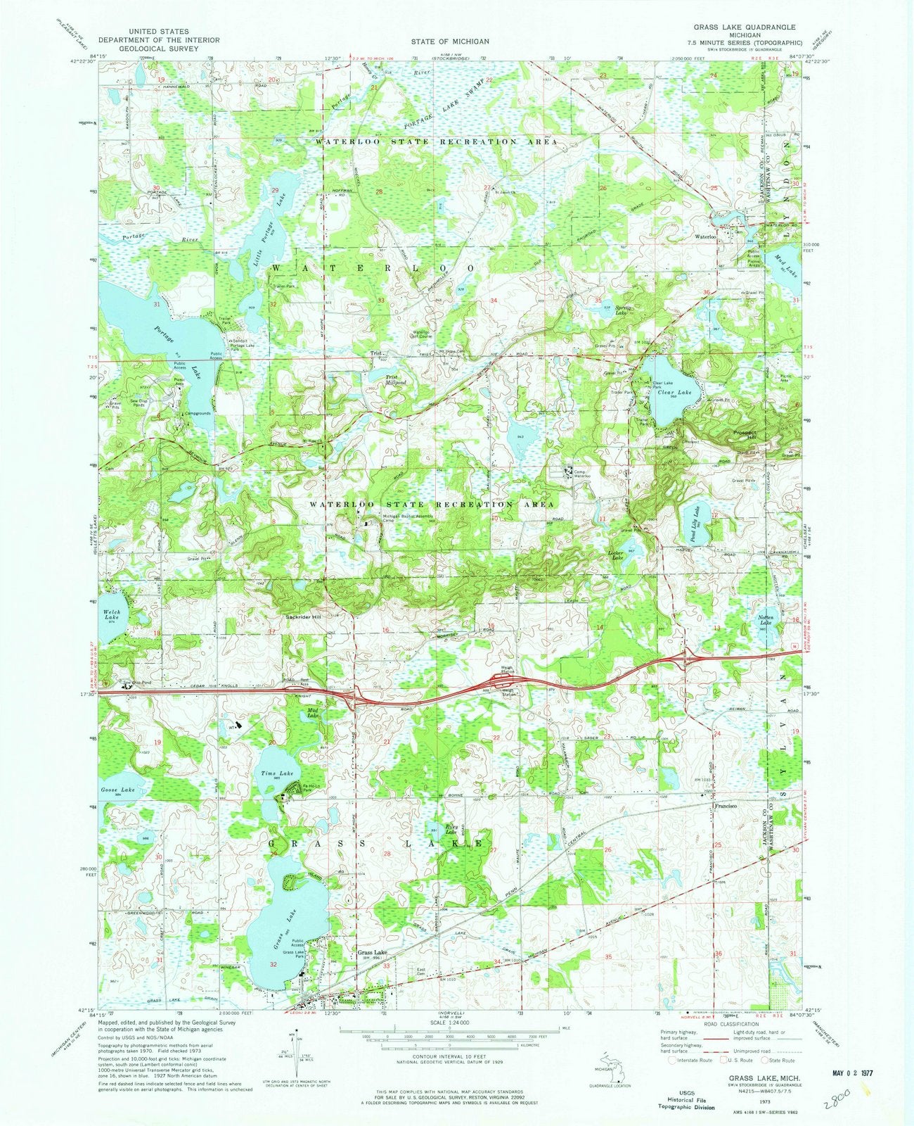 1973 Grass Lake, MI - Michigan - USGS Topographic Map