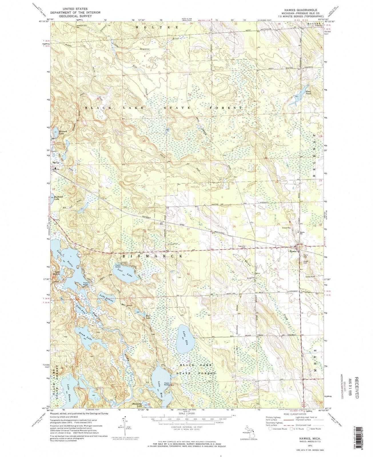 1971 Hawks, MI - Michigan - USGS Topographic Map