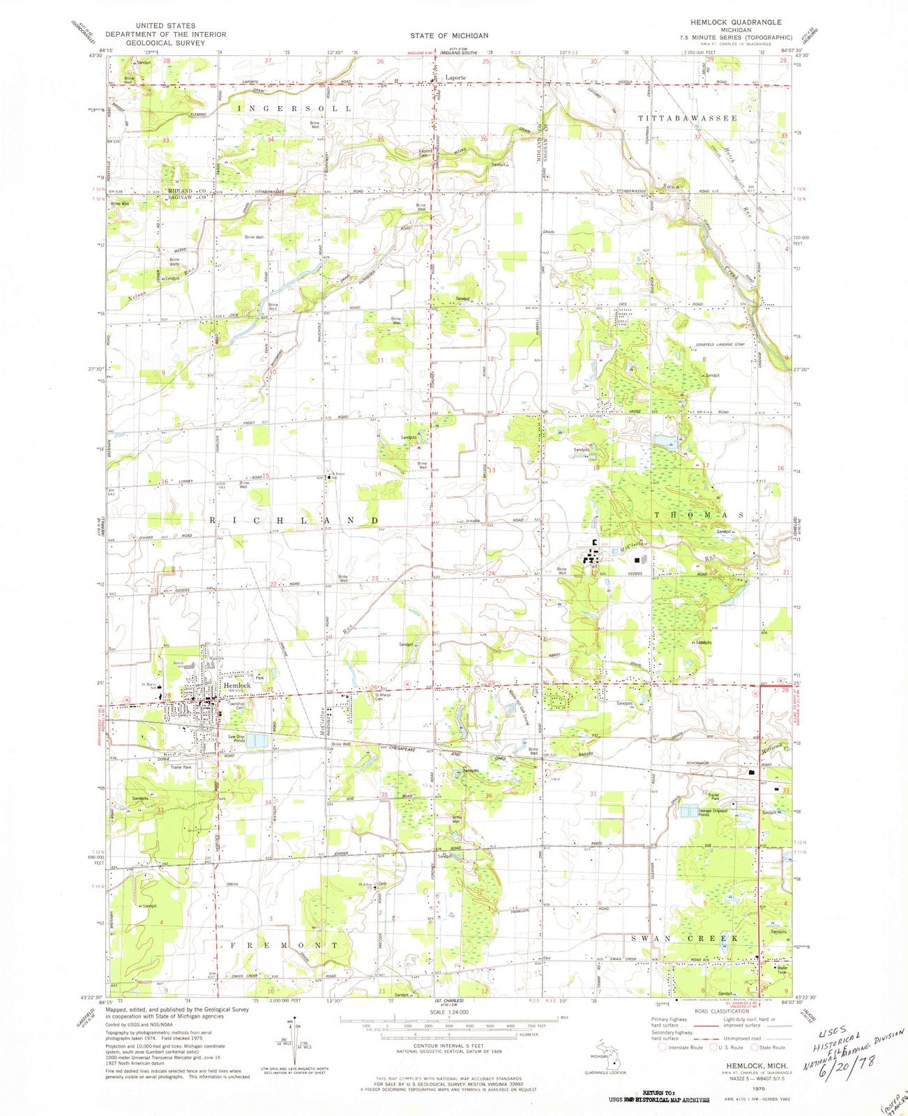 1975 Hemlock, MI - Michigan - USGS Topographic Map