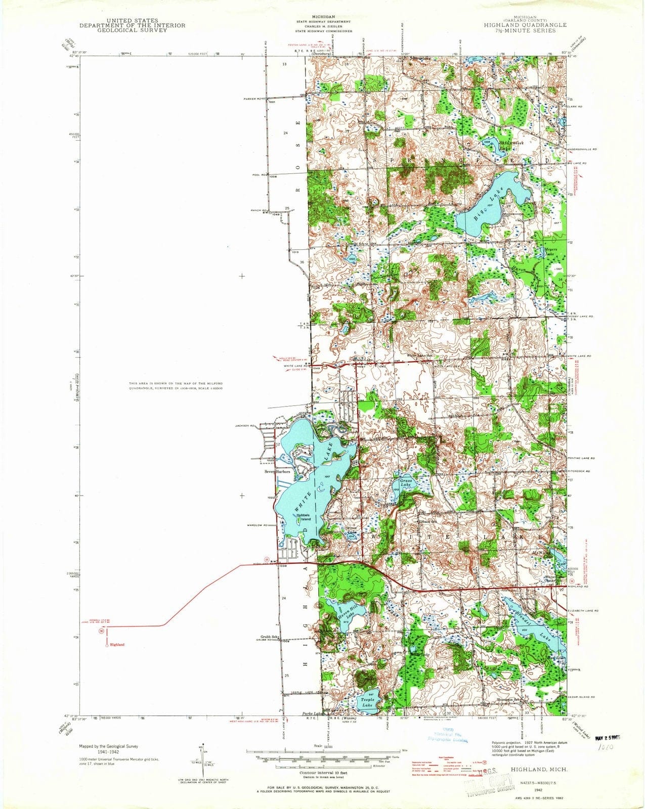 1942 Highland, MI - Michigan - USGS Topographic Map
