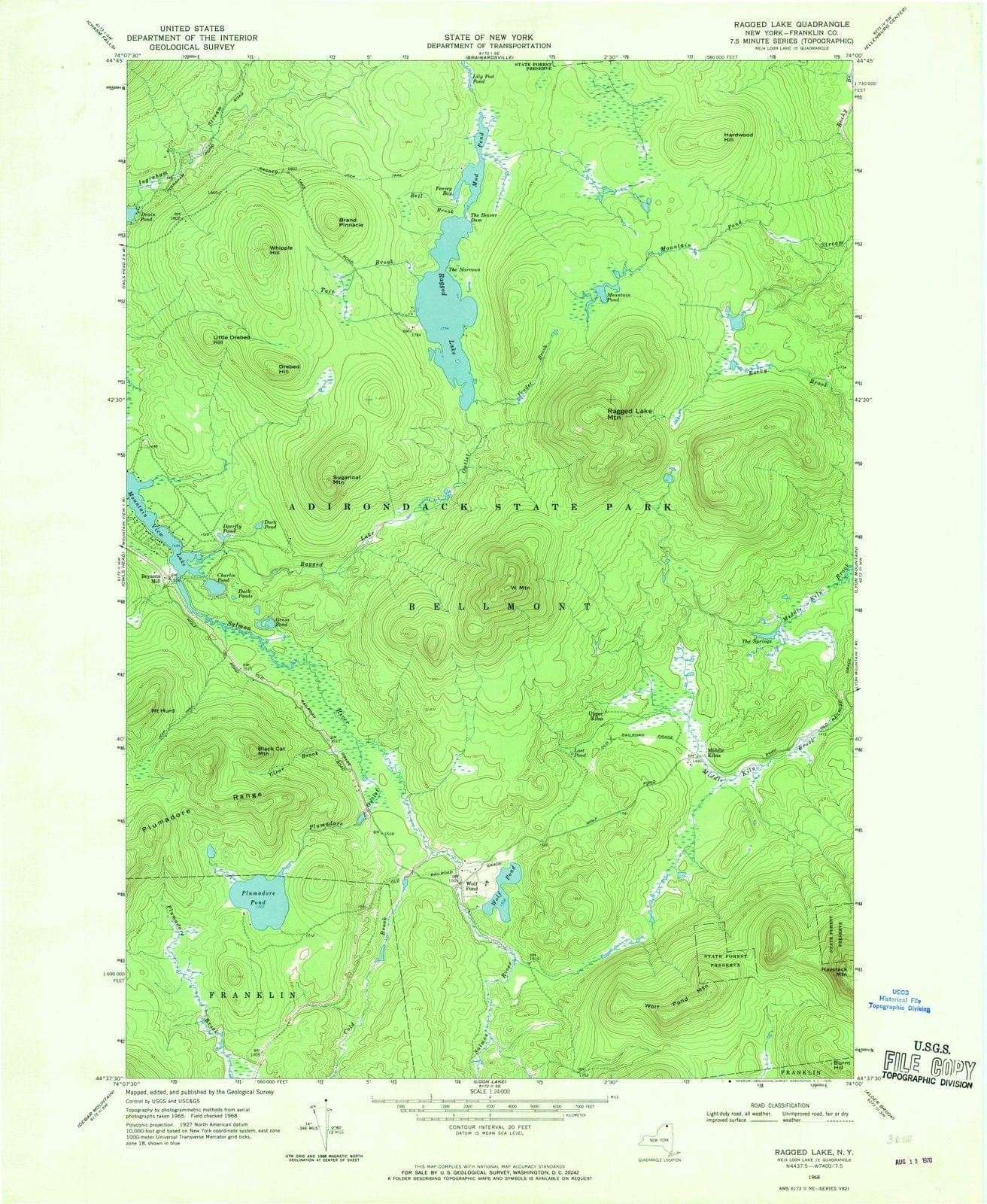 1968 Ragged Lake, NY - New York - USGS Topographic Map