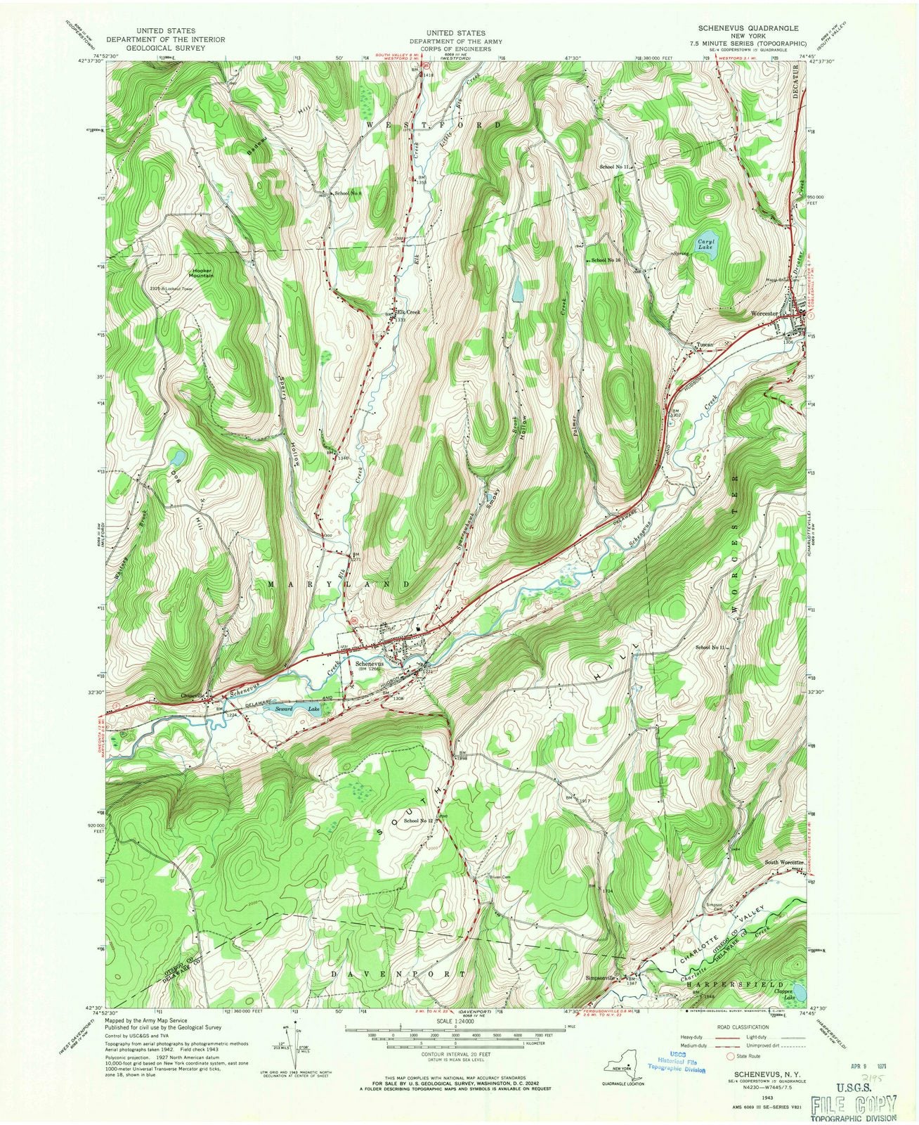 1943 Schenevus, NY - New York - USGS Topographic Map