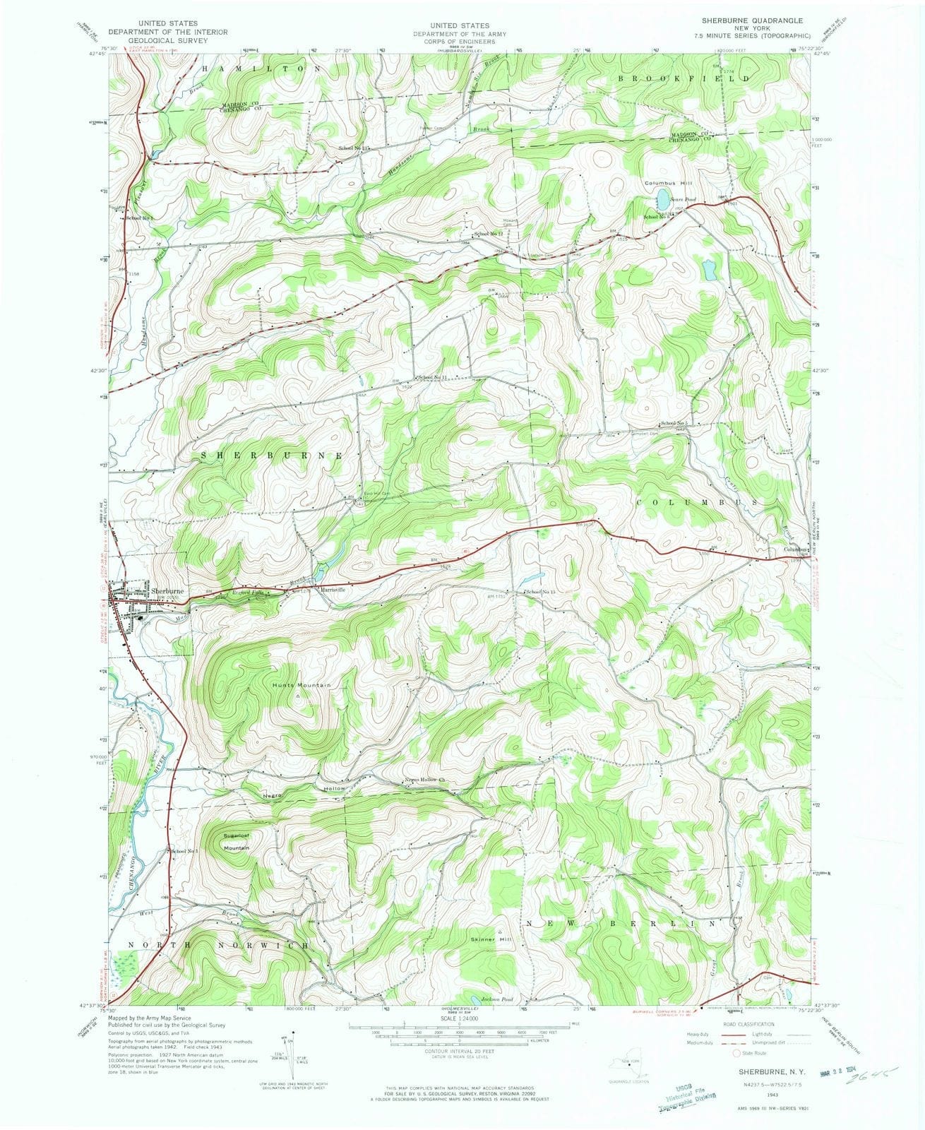 1943 Sherburne, NY - New York - USGS Topographic Map