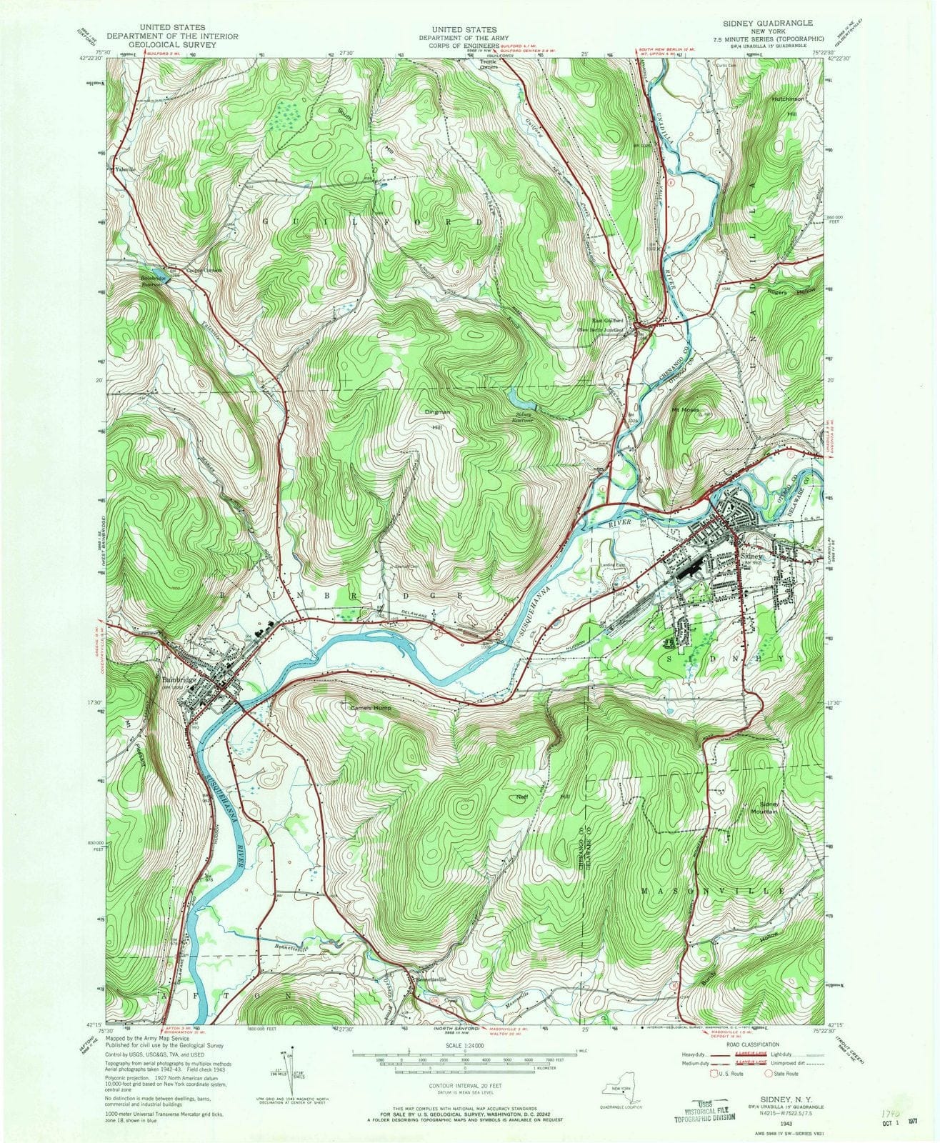 1943 Sidney, NY - New York - USGS Topographic Map