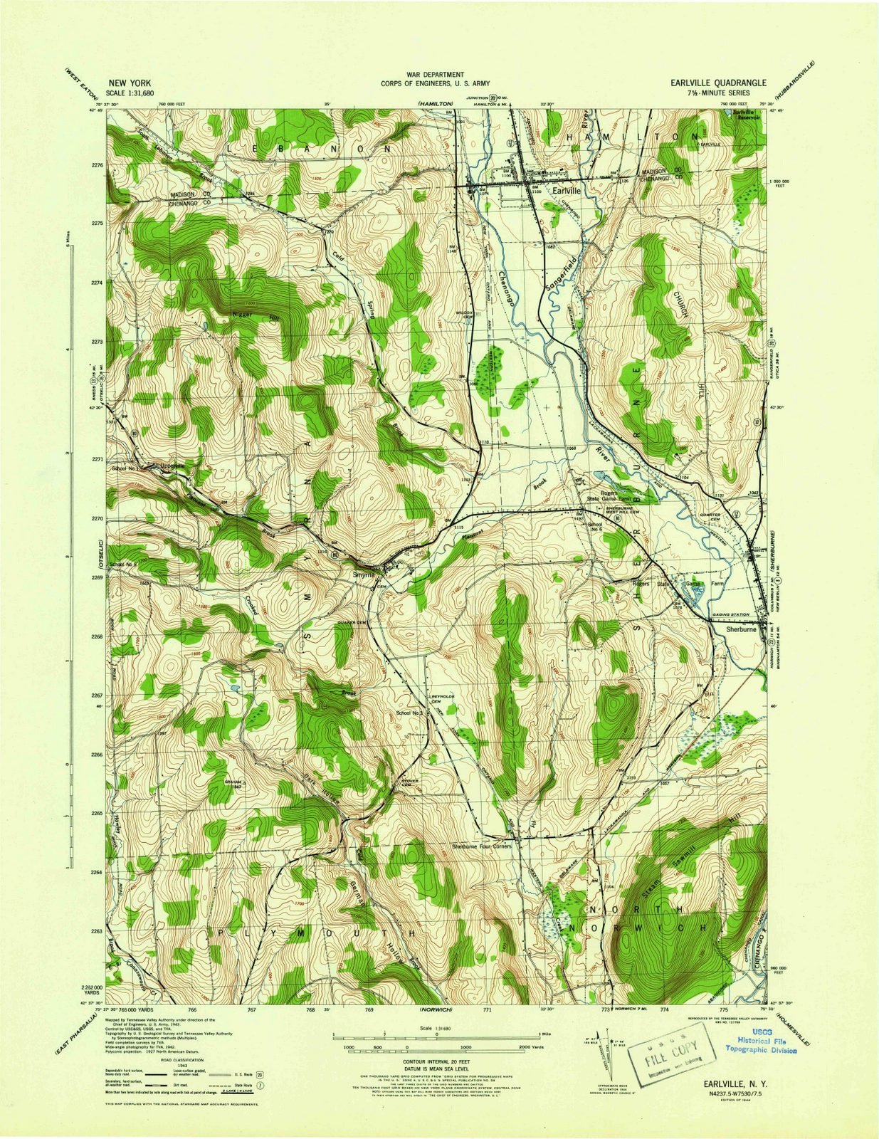 1944 Earlville, NY - New York - USGS Topographic Map