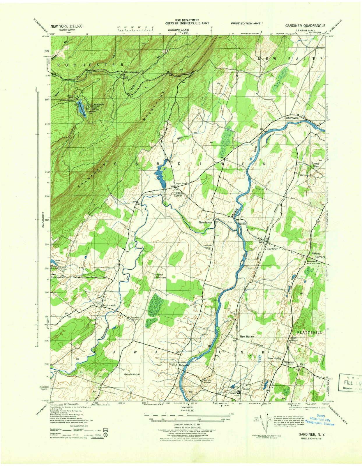 1943 Gardiner, NY - New York - USGS Topographic Map