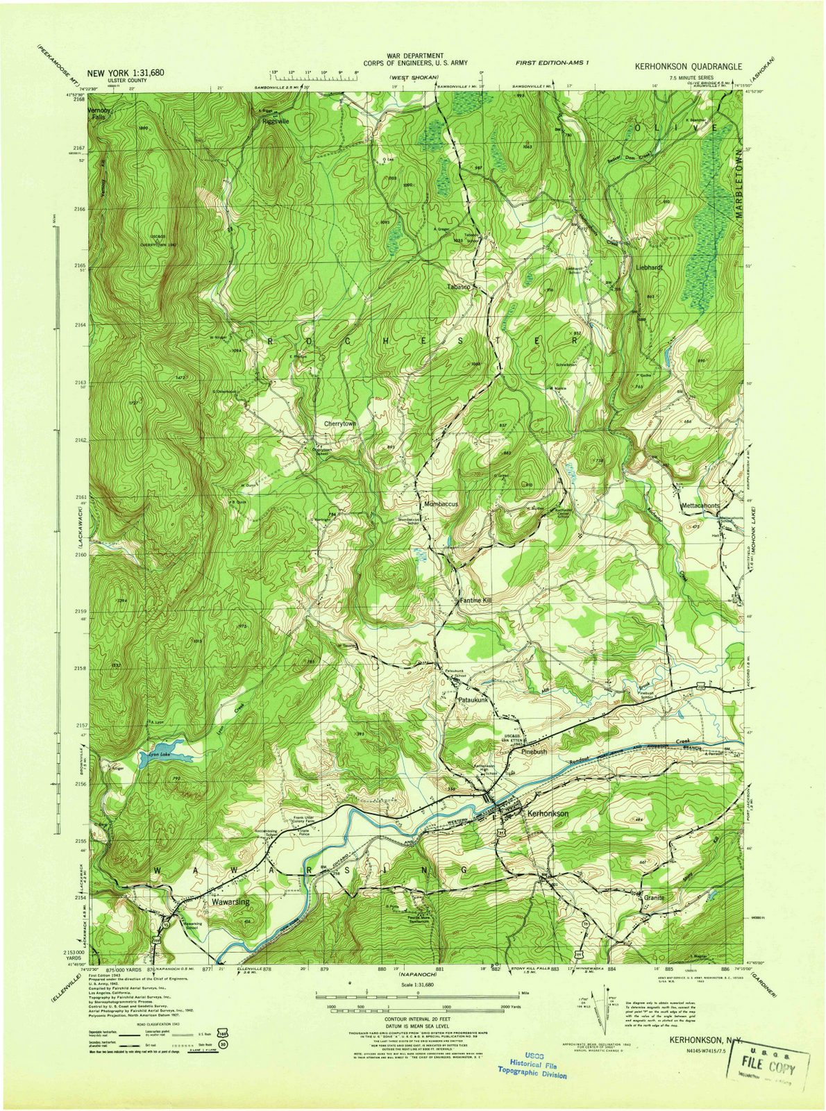 1943 Kerhonkson, NY - New York - USGS Topographic Map
