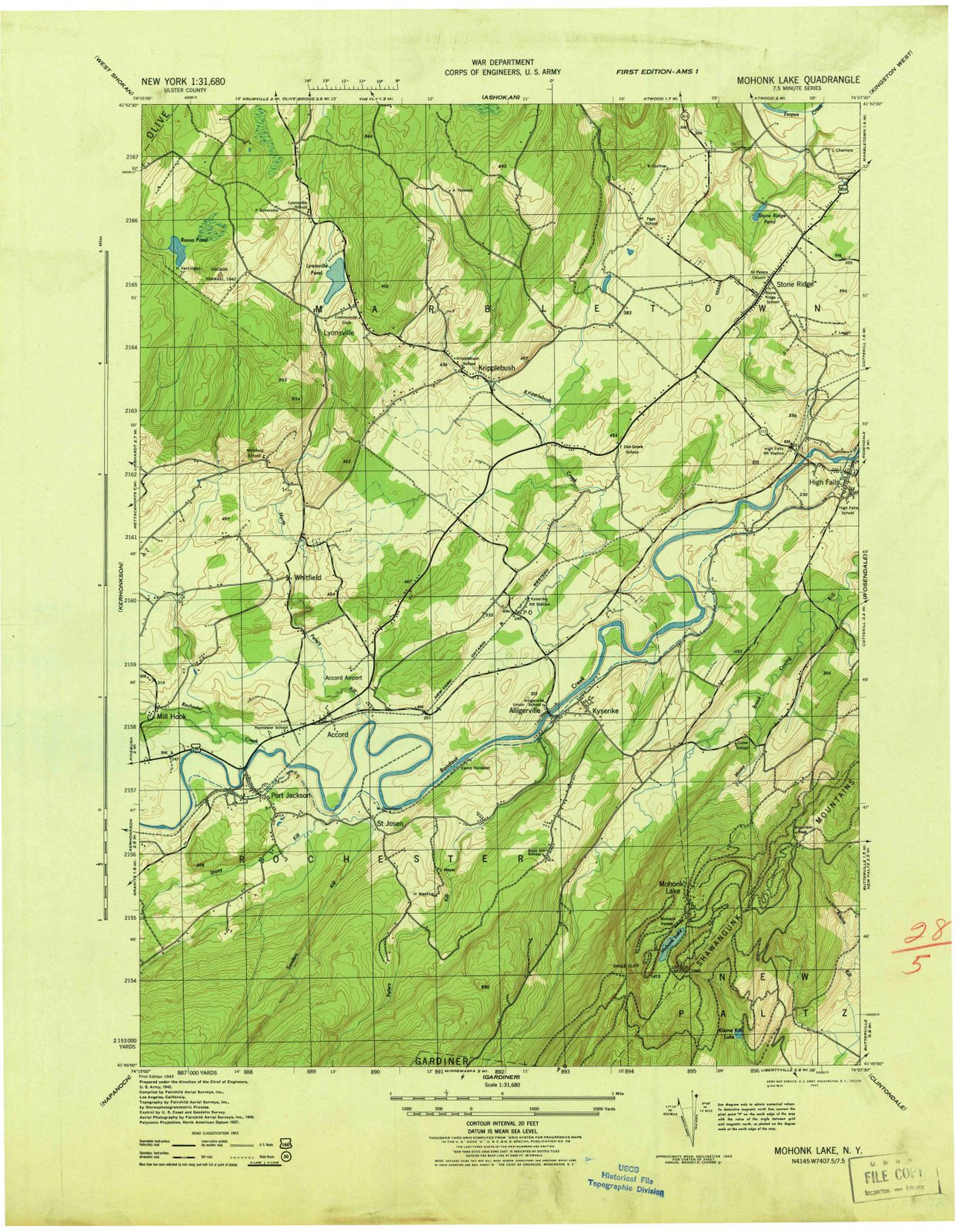 1943 Mohonk Lake, NY - New York - USGS Topographic Map
