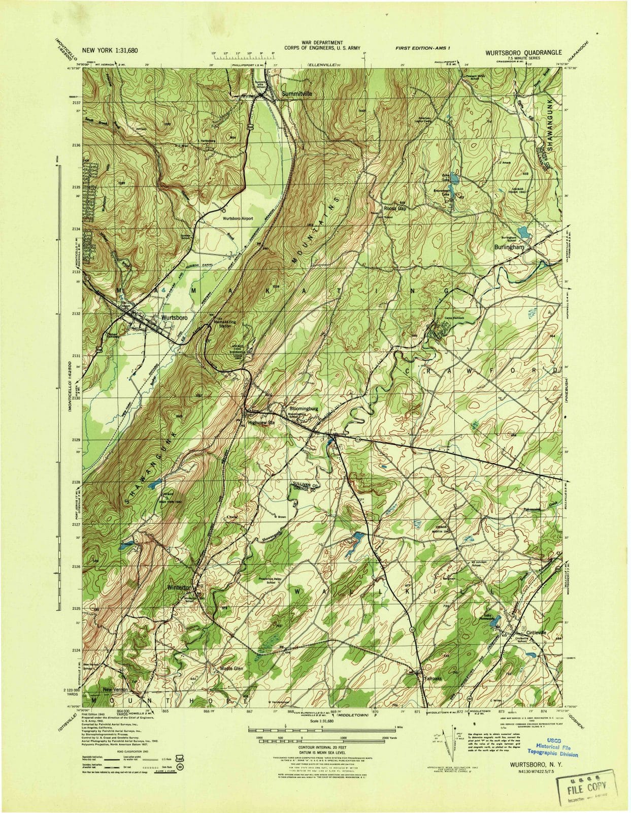 1943 Wurtsboro, NY - New York - USGS Topographic Map