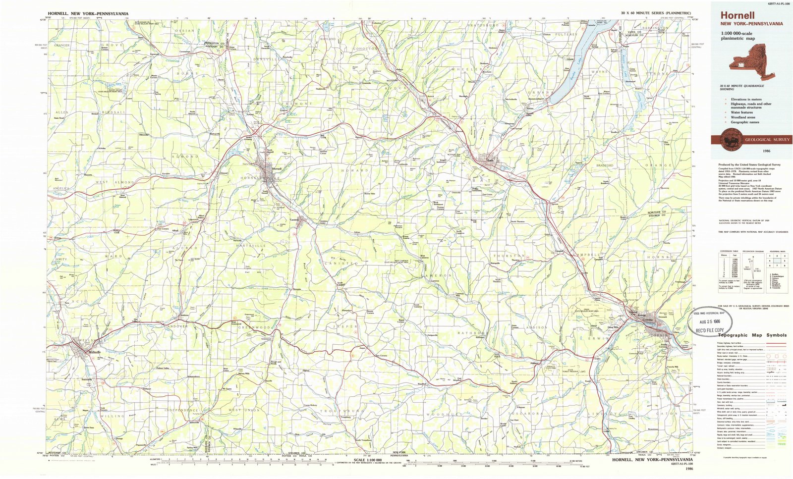 1986 Hornell, NY - New York - USGS Topographic Map