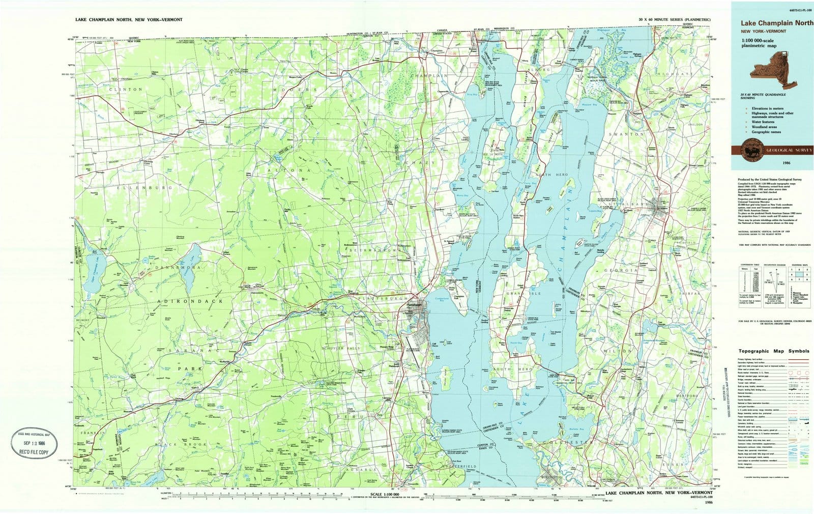 1986 Lake Champlain North, NY - New York - USGS Topographic Map