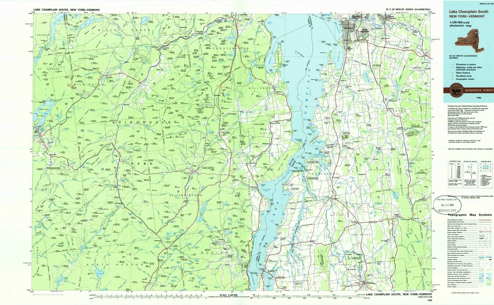 1986 Lake Champlain South, NY - New York - USGS Topographic Map