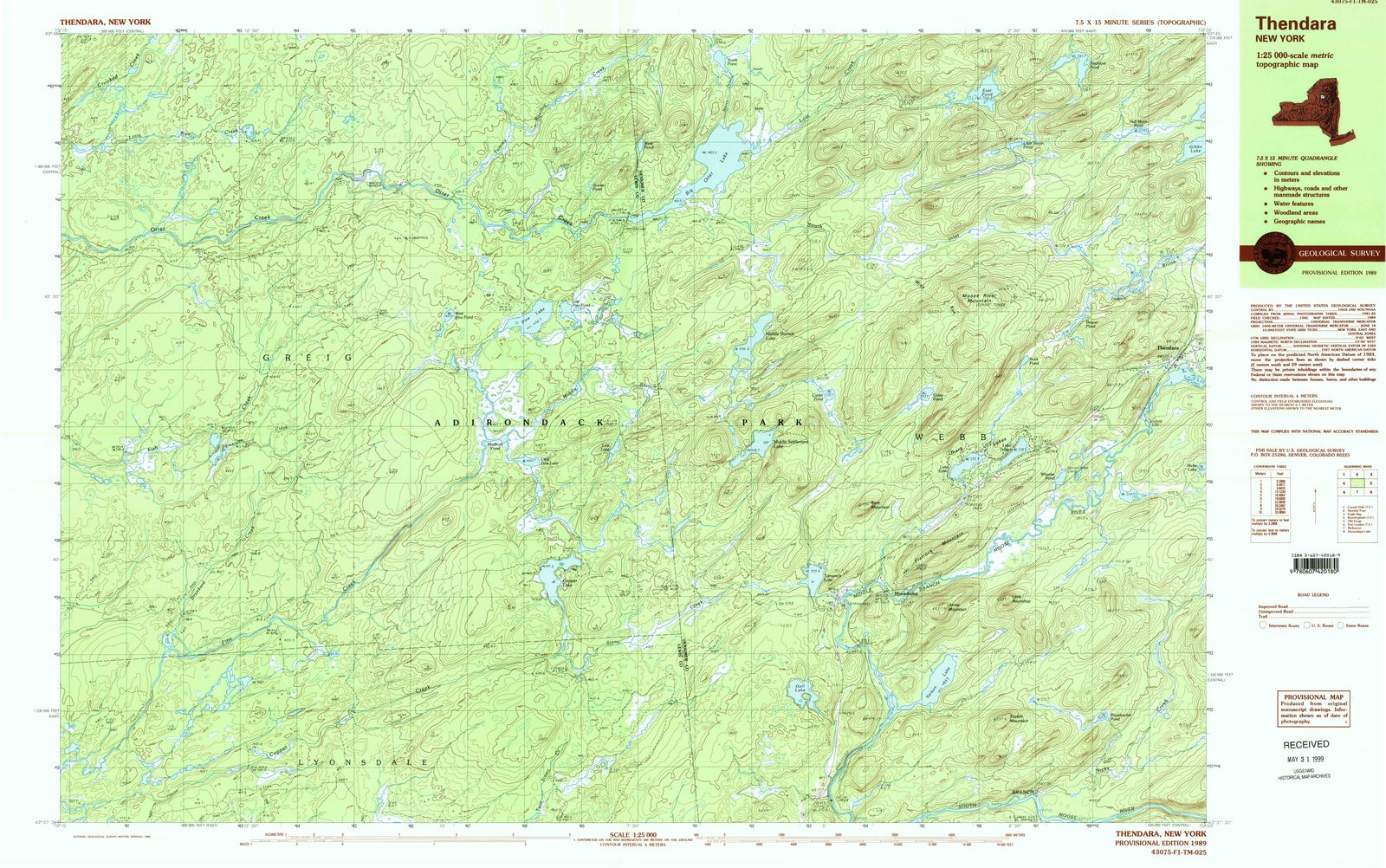 1989 Thendara, NY - New York - USGS Topographic Map
