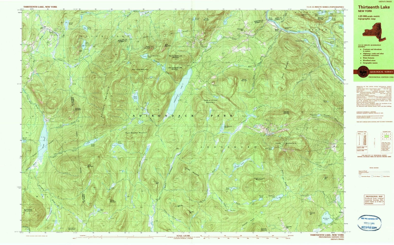 1990 Thirteenth Lake, NY - New York - USGS Topographic Map