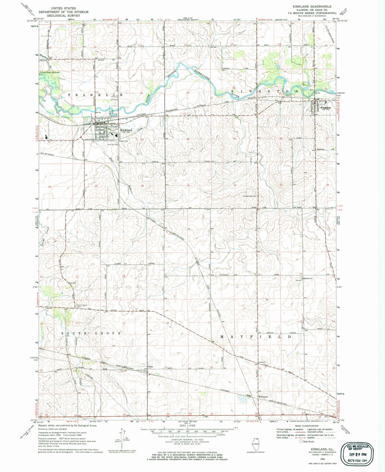 1968 Kirkland, IL - Illinois - USGS Topographic Map