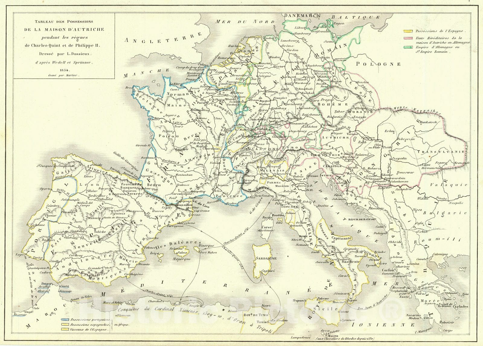 Historic Map : 1856 Tableau des Possessions de la Maison D'Autriche pendant les regnes de Charles-Quint et de Philippe II  : Vintage Wall Art