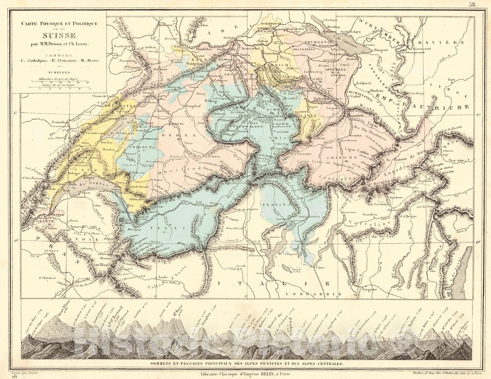 Historic Map : 1873 Carte Physique et Politique de La Suisse : Vintage Wall Art