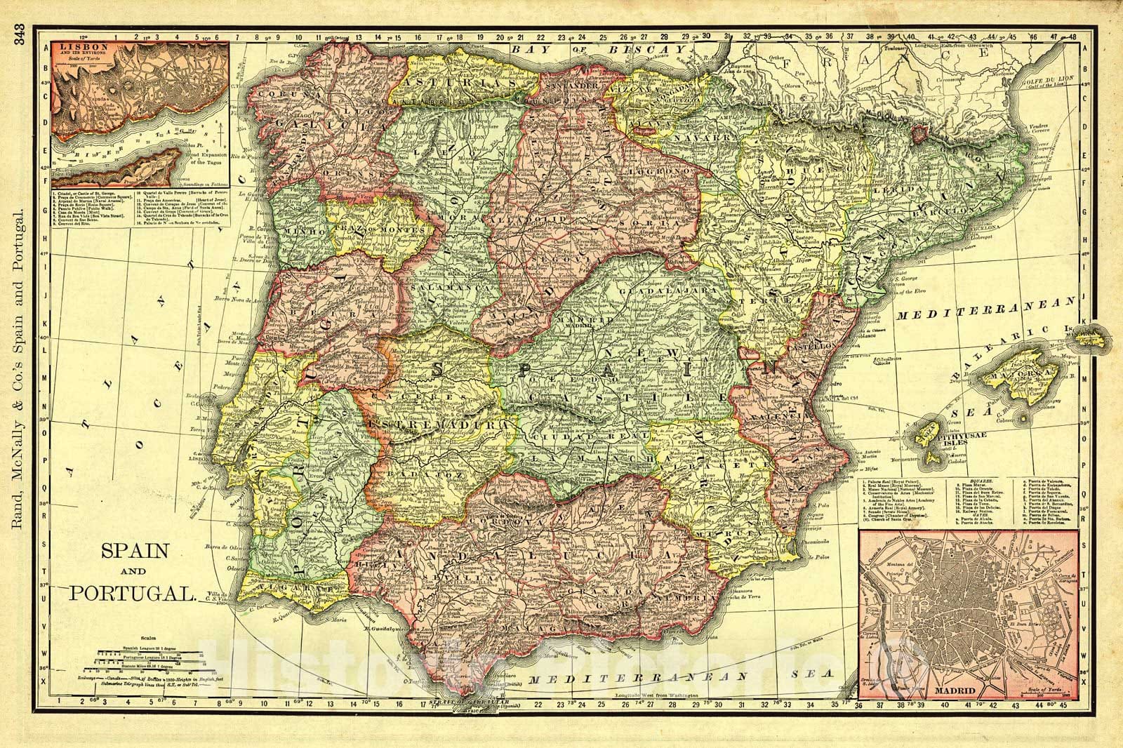 Historic Map : 1893 Spain and Portugal : Vintage Wall Art