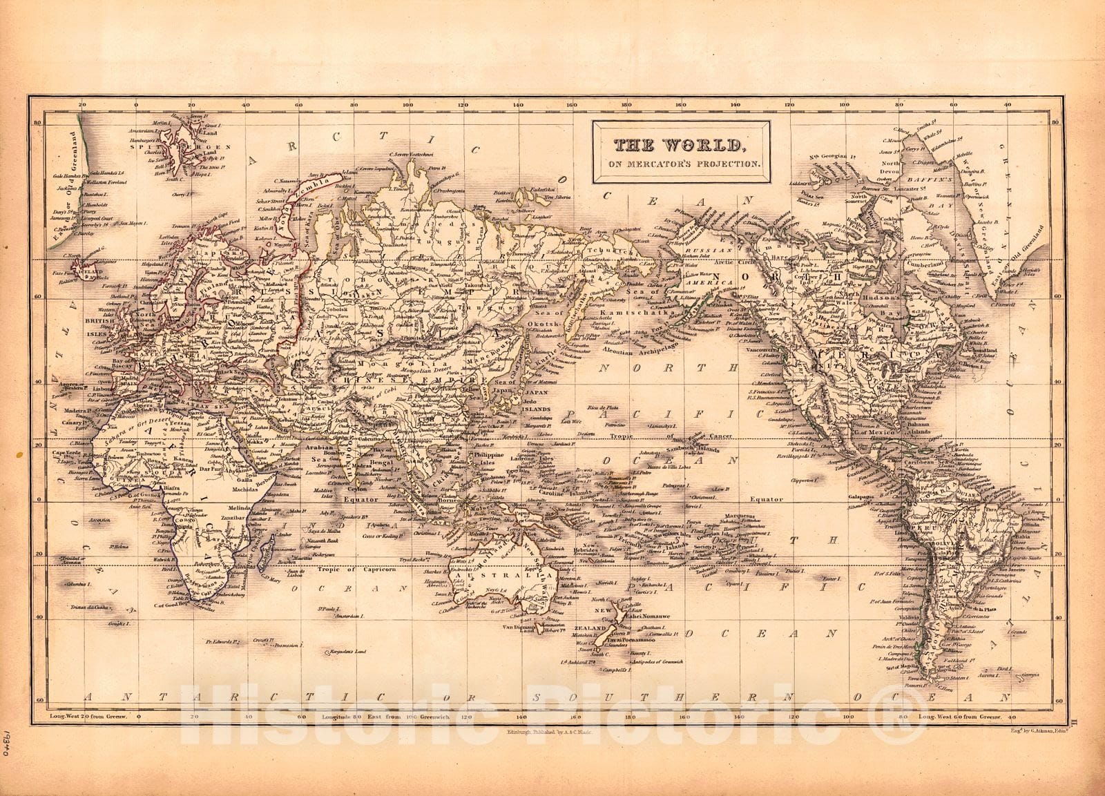 Historic Map : 1847 The World on Mercator's Projection : Vintage
