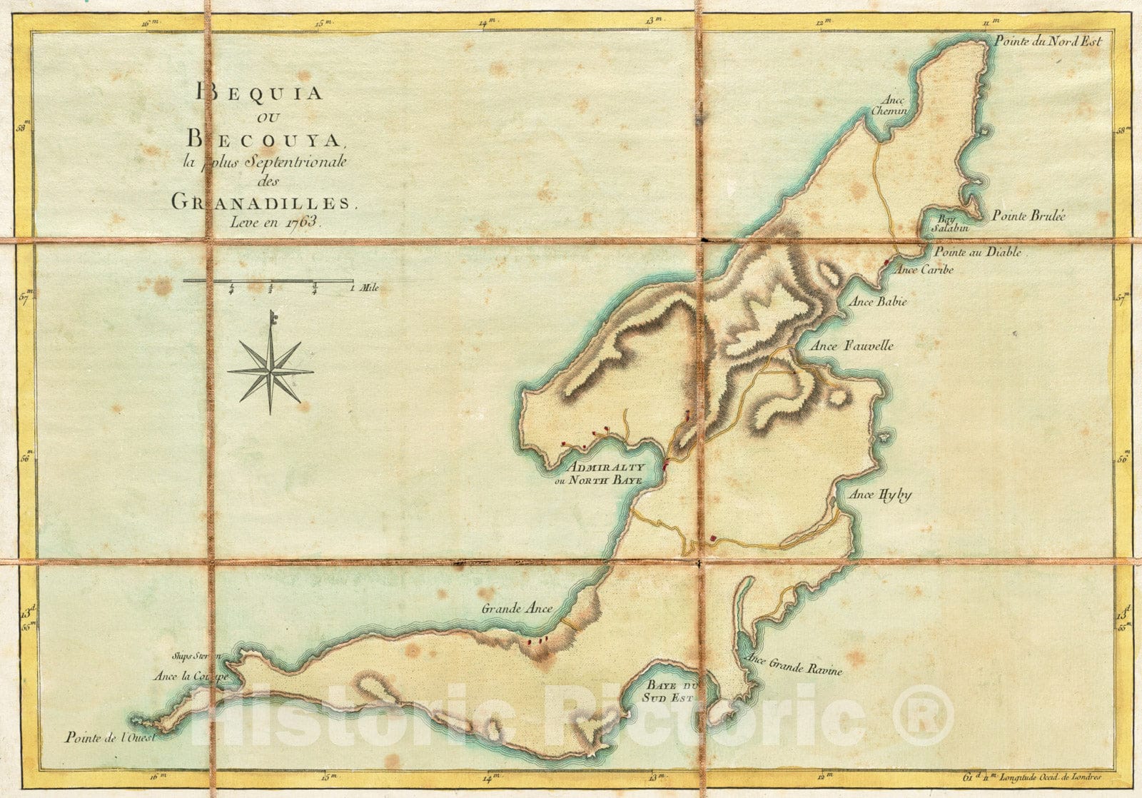 Historical Map, Bequia ou Becouya, le plus septentrionale des Granadilles : leve en 1763, Vintage Wall Art