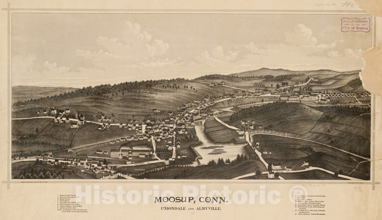 Historical Map, 1889 Moosup, Conn, Uniondale and Almyville, Vintage Wall Art