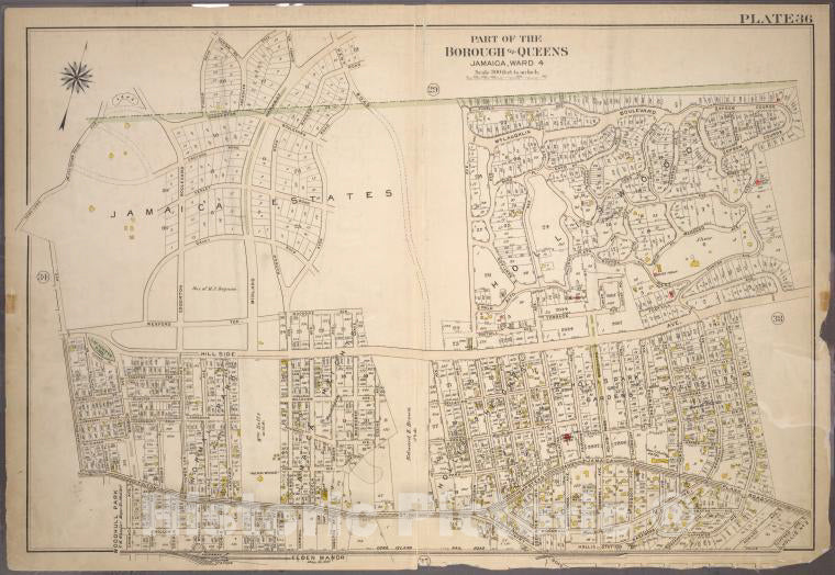 Historic 1909 Map - [Plate 36: Bounded By (Jamaica Estates) Hillside Avenue, Flushin - Vintage Wall Art