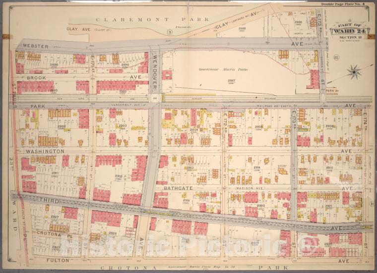 Historic 1901 Map - Double Page Plate No. 4, Part Of Ward 24, Section 11. [Bounded B - Bronx (New York, N.Y.) - New York (State) - Vintage Wall Art